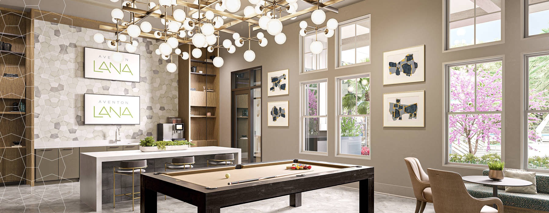 Aventon Lana's Game Room with billiards table and chandelier